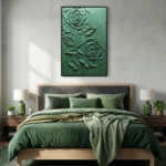 Textured hand-painted canvas depicting two layered roses in dimensional green relief, contemporary bedroom