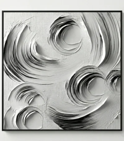 Gestural abstract hand-painted canvas with swirling monochromatic brushstrokes in black, white and grey tones