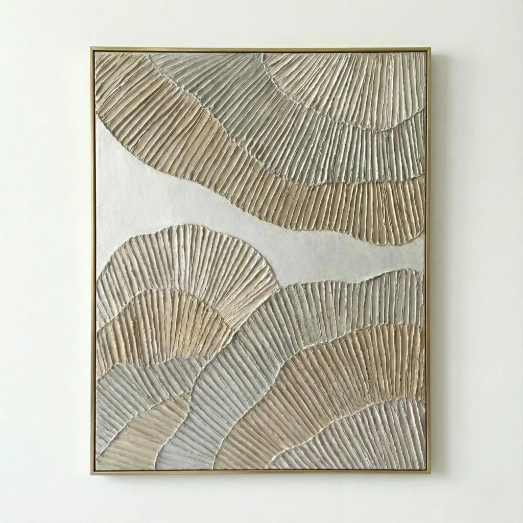Textured abstract hand-painted canvas with layered fan motifs in cream and taupe tones, contemporary living space