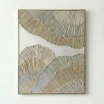Textured abstract hand-painted canvas with layered fan motifs in cream and taupe tones, contemporary living space