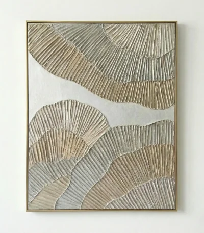 Textured abstract hand-painted canvas with layered fan motifs in cream and taupe tones, contemporary living space