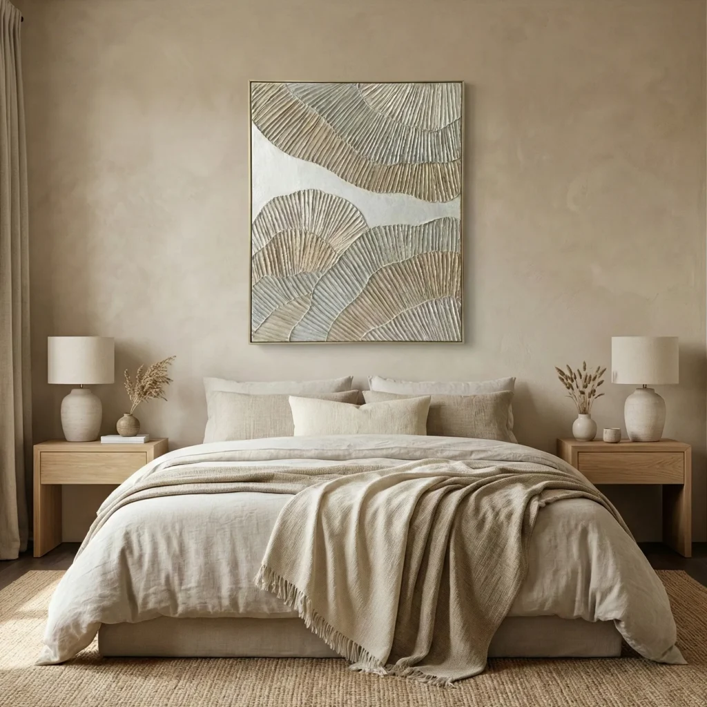 Minimalist hand-painted canvas with layered fan motifs in warm neutral tones, modern bedroom setting