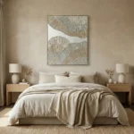 Minimalist hand-painted canvas with layered fan motifs in warm neutral tones, modern bedroom setting