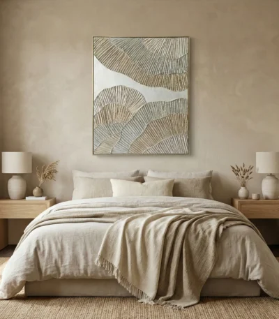 Minimalist hand-painted canvas with layered fan motifs in warm neutral tones, modern bedroom setting