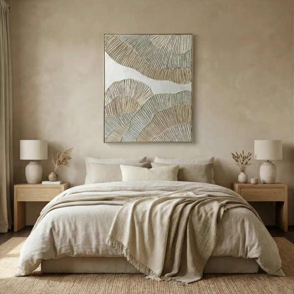 Minimalist hand-painted canvas with layered fan motifs in warm neutral tones, modern bedroom setting