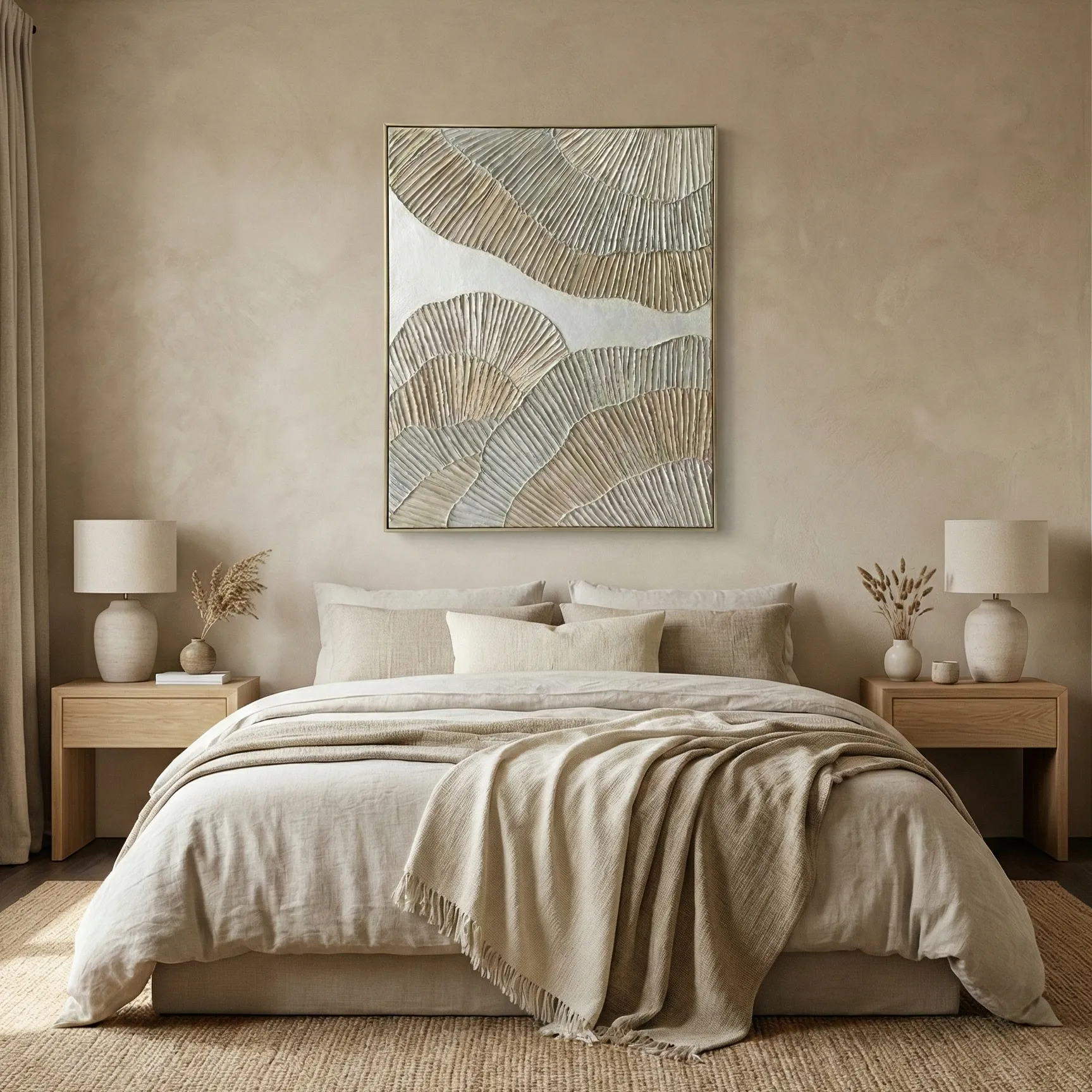 Silver & Gold Flow – Abstract Mixed Media Wabi Sabi Art (4) Minimalist hand-painted canvas with layered fan motifs in warm neutral tones, modern bedroom setting