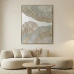 Contemporary abstract hand-painted canvas with layered fan motifs in neutral grey and cream tones, modern living space