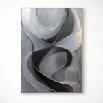 Contemporary abstract hand-painted canvas with flowing organic forms in monochromatic grays and blacks, white wall backdrop