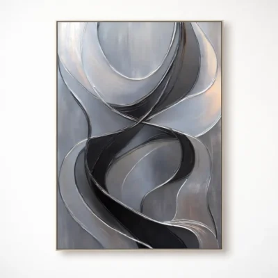 Contemporary abstract hand-painted canvas with flowing organic forms in monochromatic grays and blacks, white wall backdrop