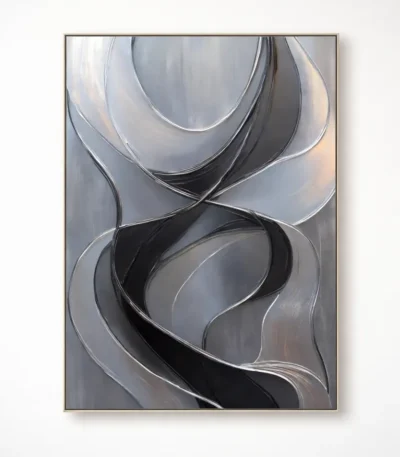 Contemporary abstract hand-painted canvas with flowing organic forms in monochromatic grays and blacks, white wall backdrop
