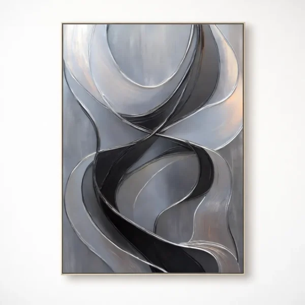 Contemporary abstract hand-painted canvas with flowing organic forms in monochromatic grays and blacks, white wall backdrop