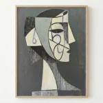 Cubist hand-painted canvas depicting abstracted profile portrait in cream, charcoal and sage tones, contemporary interior