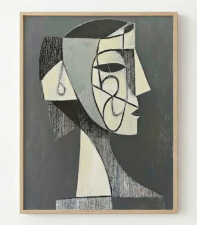 Cubist hand-painted canvas depicting abstracted profile portrait in cream, charcoal and sage tones, contemporary interior