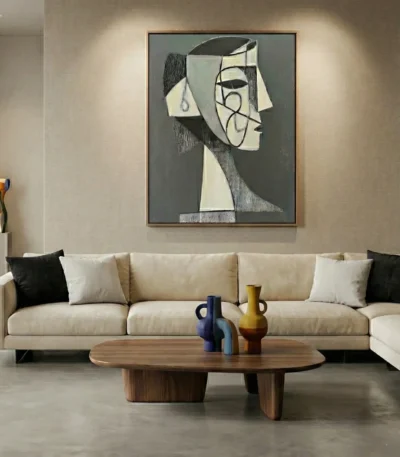 Abstract figurative hand-painted canvas with geometric profile in monochrome charcoal and cream tones, contemporary living space