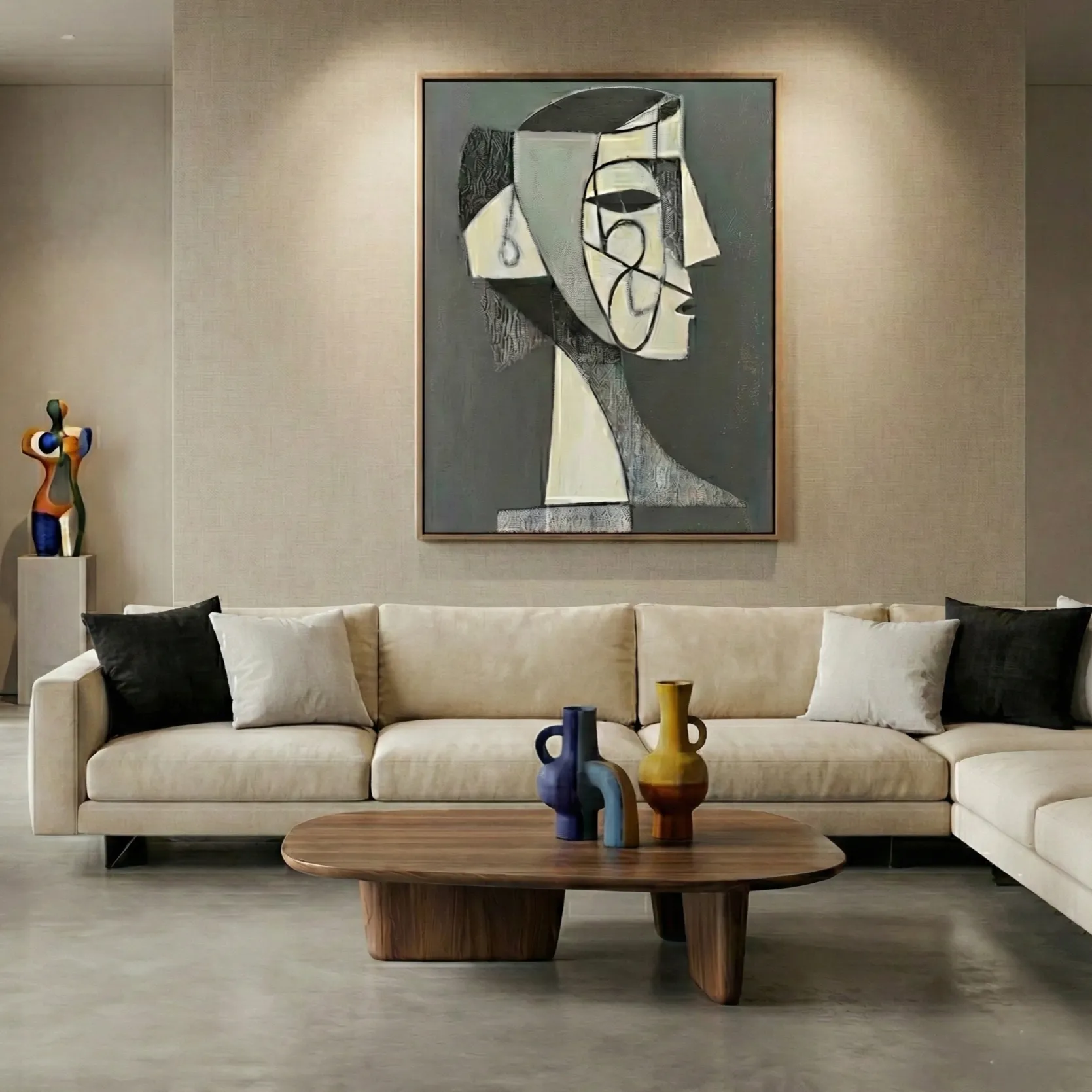 Slate Cubist Portrait Modern minimalist neutral face color art (4) Abstract figurative hand-painted canvas with geometric profile in monochrome charcoal and cream tones, contemporary living space