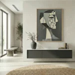 Contemporary figurative hand-painted canvas in monochrome tones depicting abstracted profile portrait, modern entryway
