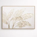 Minimalist hand-painted canvas depicting delicate botanical leaves in cream and taupe tones, contemporary living space