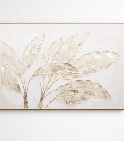 Minimalist hand-painted canvas depicting delicate botanical leaves in cream and taupe tones, contemporary living space