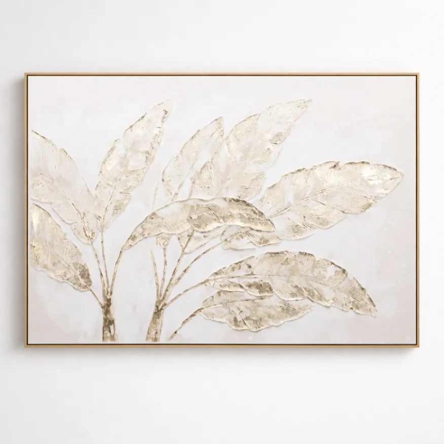 Minimalist hand-painted canvas depicting delicate botanical leaves in cream and taupe tones, contemporary living space