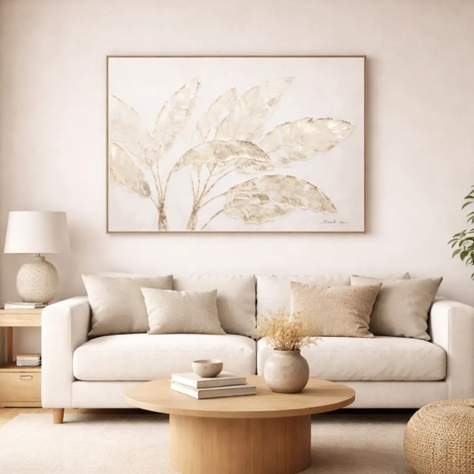 Minimalist hand-painted canvas depicting delicate botanical leaves in muted cream and taupe tones, contemporary living space