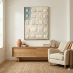 Textured abstract hand-painted canvas with layered cream and white brick-like forms in soft neutral tones, contemporary living space