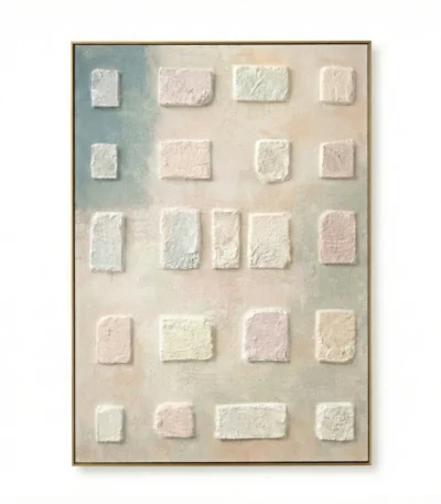 Minimalist hand-painted canvas with cream and blush textured rectangular forms arranged on soft neutral ground, contemporary aesthetic