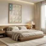 Textured abstract hand-painted canvas with cream and blush tonal blocks on layered neutral ground, modern bedroom setting