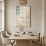Textured abstract hand-painted canvas in cream and soft blue tones with layered geometric squares, contemporary dining space