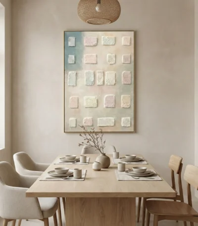 Textured abstract hand-painted canvas in cream and soft blue tones with layered geometric squares, contemporary dining space