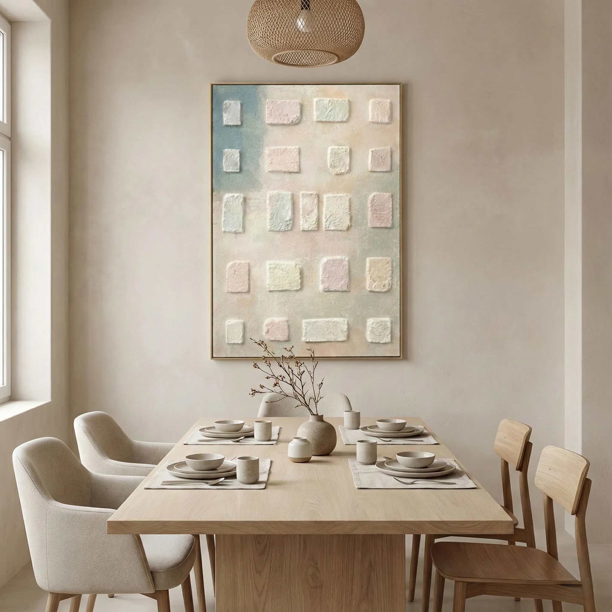 Soft Form Mosaic – Wabi Sabi Textured Wall Decor (3) Textured abstract hand-painted canvas in cream and soft blue tones with layered geometric squares, contemporary dining space
