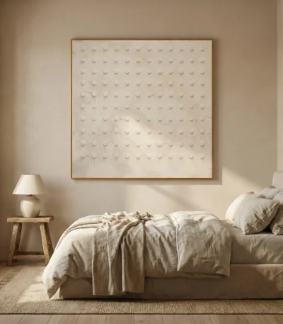 Minimalist textured hand-painted canvas with embossed circular relief pattern in cream and ivory tones, modern bedroom