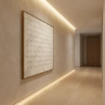 Minimalist hand-painted canvas with geometric dot pattern in cream and ivory tones, contemporary hallway