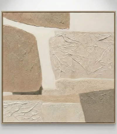 Textured abstract hand-painted canvas with layered cream and sand tones, organic gestural marks throughout, contemporary minimalist wall art