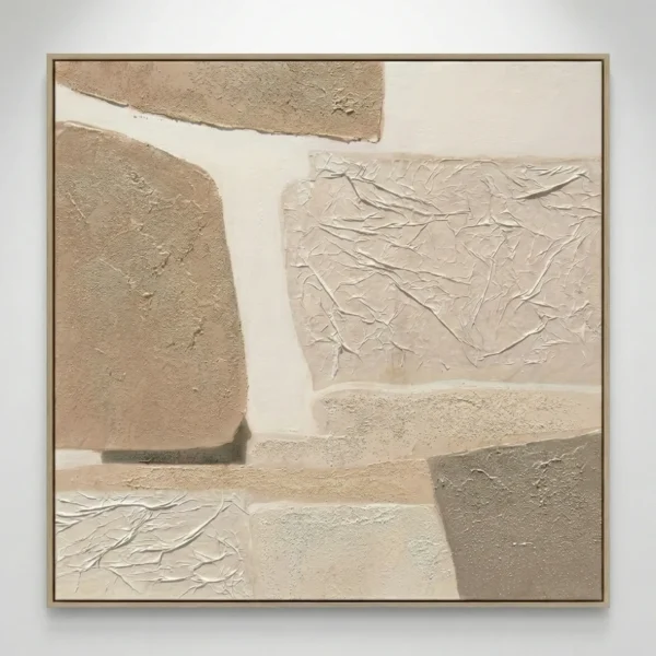 Textured abstract hand-painted canvas with layered cream and sand tones, organic gestural marks throughout, contemporary minimalist wall art