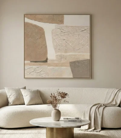 Textured abstract hand-painted canvas with layered cream and taupe geometric forms, contemporary living space