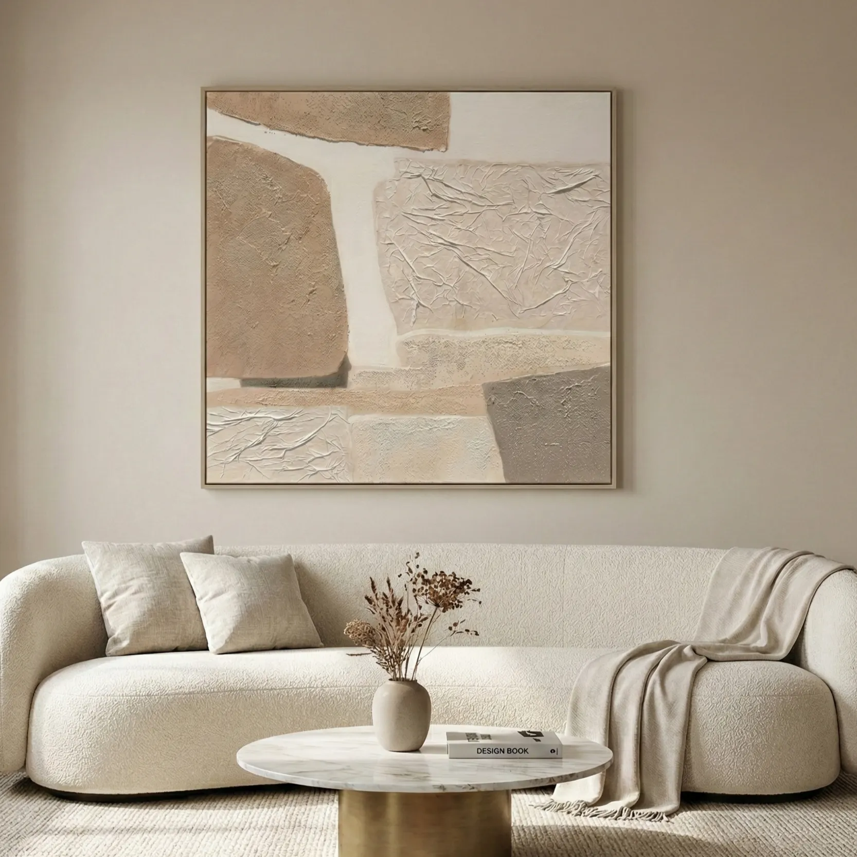Soft Terrain Composition – Modern Beige Minimalist Canvas (5) Textured abstract hand-painted canvas with layered cream and taupe geometric forms, contemporary living space