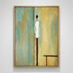 Minimalist hand-painted canvas featuring a single lit match against layered turquoise and golden yellow tones, contemporary wall art