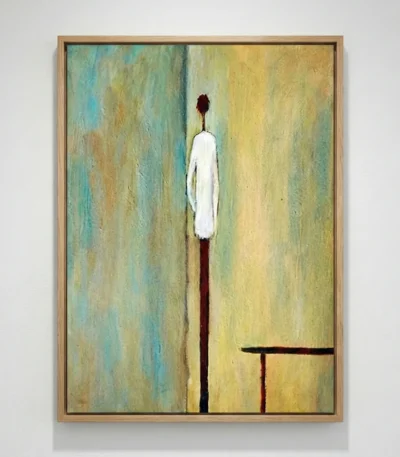 Minimalist hand-painted canvas featuring a single lit match against layered turquoise and golden yellow tones, contemporary wall art