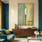 Minimalist figurative hand-painted canvas in soft yellows and teals with solitary standing figure, contemporary living space