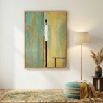 Minimalist figurative hand-painted canvas depicting solitary figure in white and maroon tones against layered yellow-green background, contemporary interior