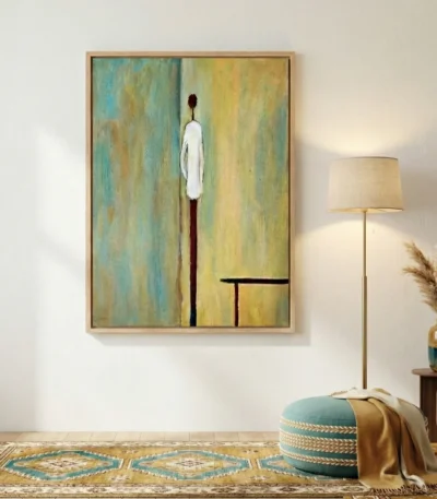 Minimalist figurative hand-painted canvas depicting solitary figure in white and maroon tones against layered yellow-green background, contemporary interior