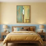 Contemporary figurative hand-painted canvas depicting solitary figure in white against layered blue and gold tones, modern bedroom