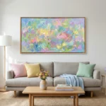 Gestural abstract expressionist hand-painted canvas in vibrant pastel brushstrokes and layered colors, contemporary living space