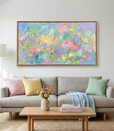 Gestural abstract expressionist hand-painted canvas in vibrant pastel brushstrokes and layered colors, contemporary living space
