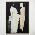 Abstract hand-painted canvas featuring geometric cream and ivory forms against deep black background, contemporary wall art