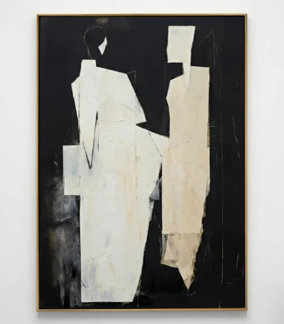 Abstract hand-painted canvas featuring geometric cream and ivory forms against deep black background, contemporary wall art