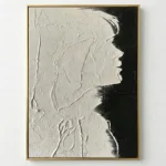 Textured monochrome hand-painted canvas depicting profile portrait in cream and black with expressive gestural brushstrokes