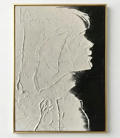Textured monochrome hand-painted canvas depicting profile portrait in cream and black with expressive gestural brushstrokes