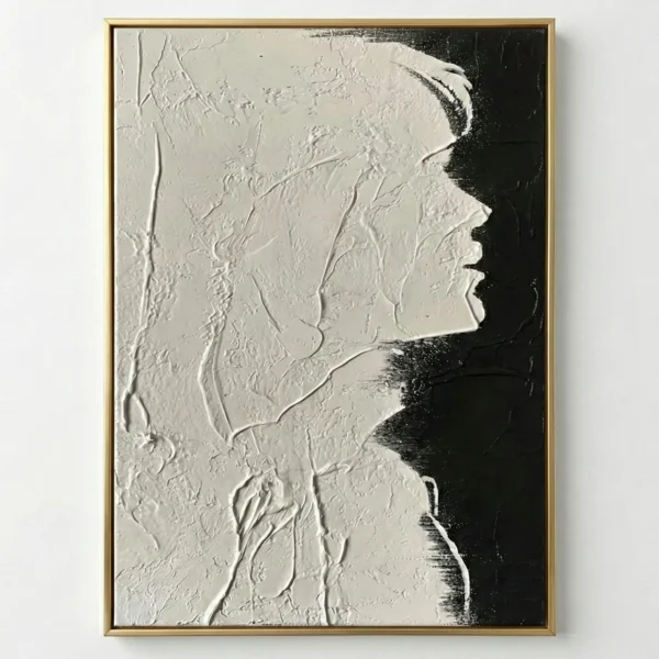 Textured monochrome hand-painted canvas depicting profile portrait in cream and black with expressive gestural brushstrokes