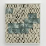 Textured contemporary hand-painted canvas with pleated cream paper strips and teal-grey patinated tile inlays, minimalist wall art